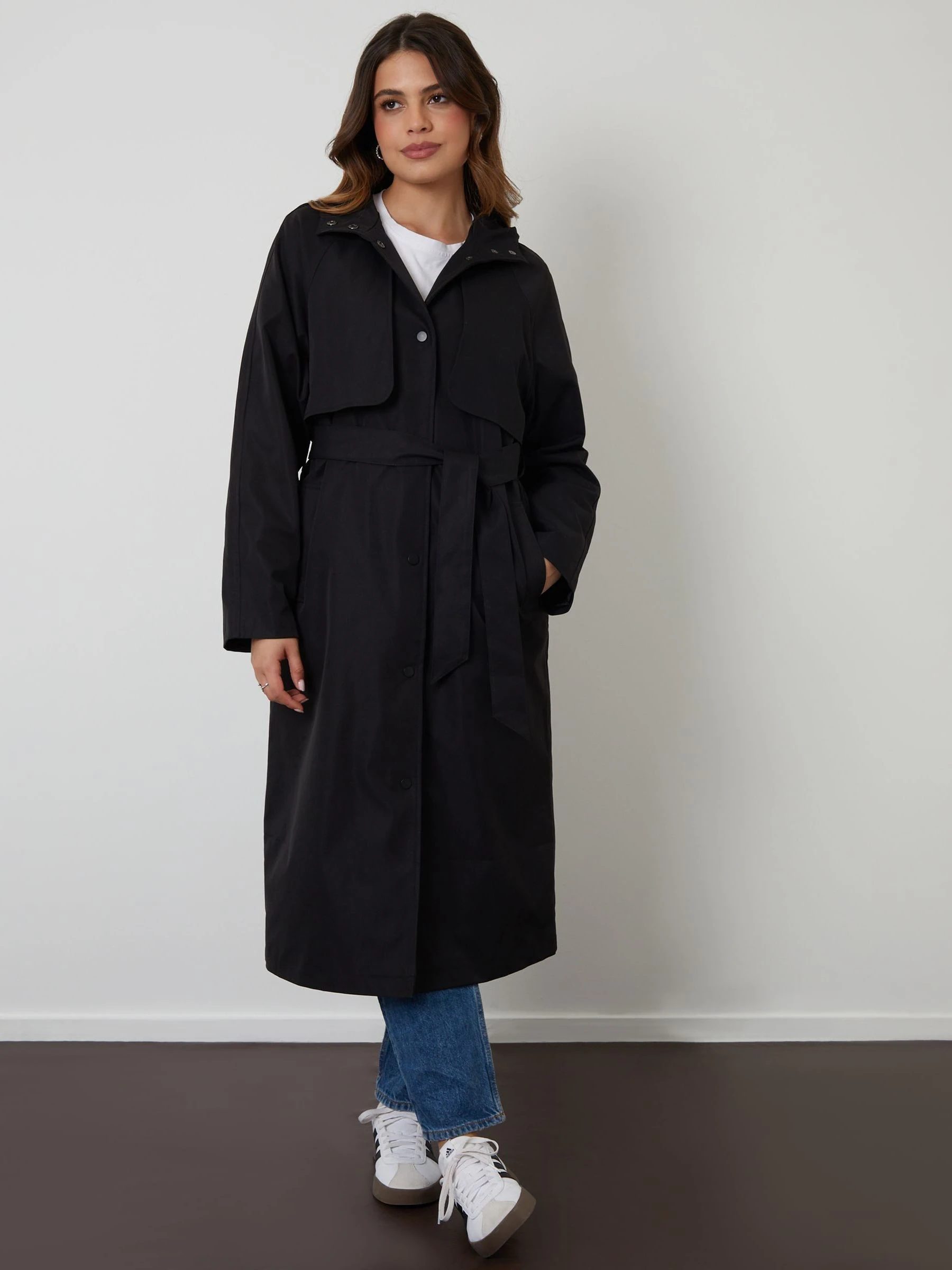 Zwart - Threadbare Longline Hooded Trench Coat