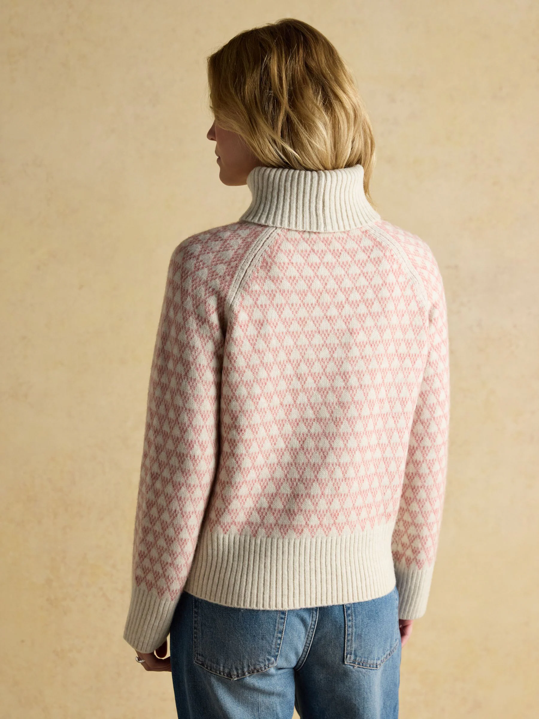 Roze crème - Joules Addison Patterned Knitted Jumper with Detachable Roll Neck