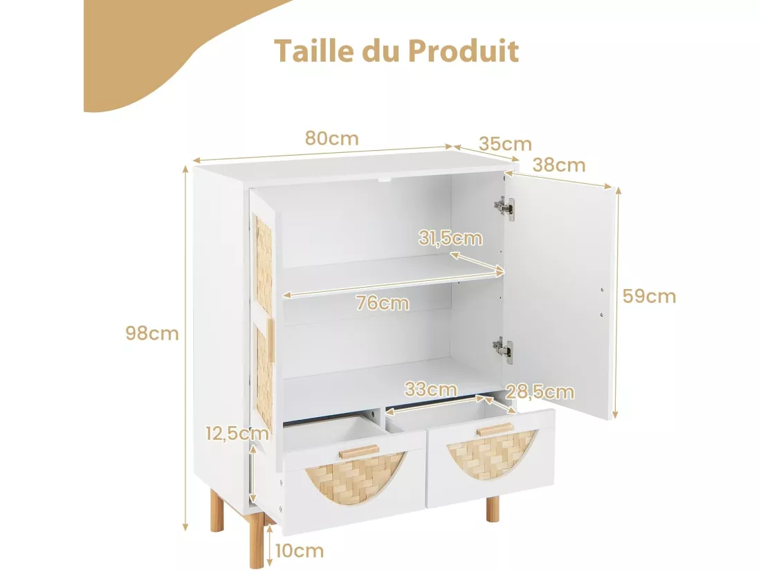 Buffet de Cuisine, Armoire Cuisine 2 Portes Tressées en Bambou, 2 Tiroirs, Étagère Réglable, Design Cannage, Kits Anti-Renversement, Vaisselier Armoire Cannage, Bohème, 80 x 35 x 98 cm