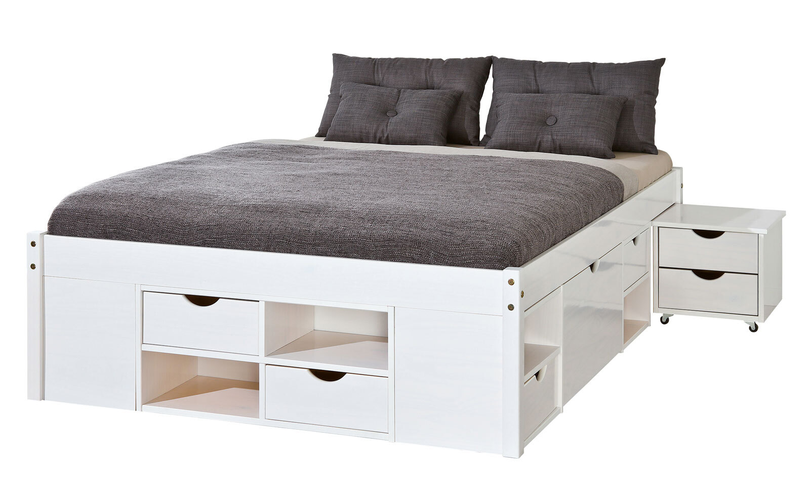 Stauraum-/Funktionsbett Lauro 140 x 190 cm Kiefer massiv weiß lackiert