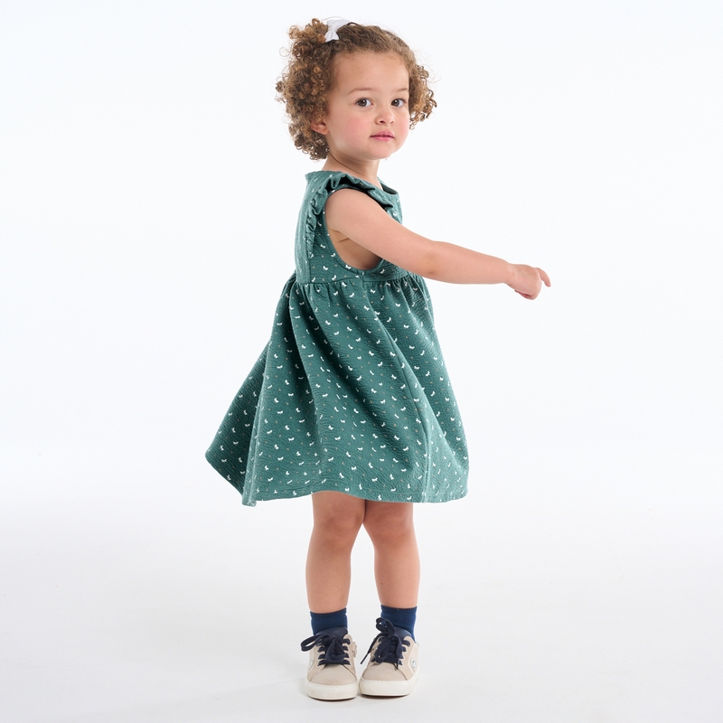 Robe à volants en coton fantaisie imprimé libellules verte bébé fille