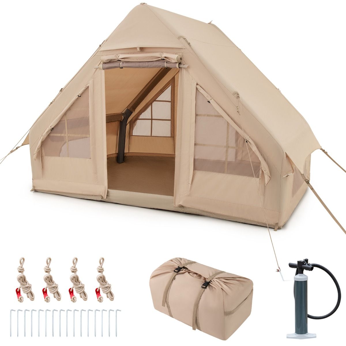 Tente de Camping Gonflable 6 m² pour 4-6 Personnes Tente en Coton Coupe-vent et Imperméable avec Pompe 7 Fenêtres à Moustiquaire Beige - Lidl-Manfred