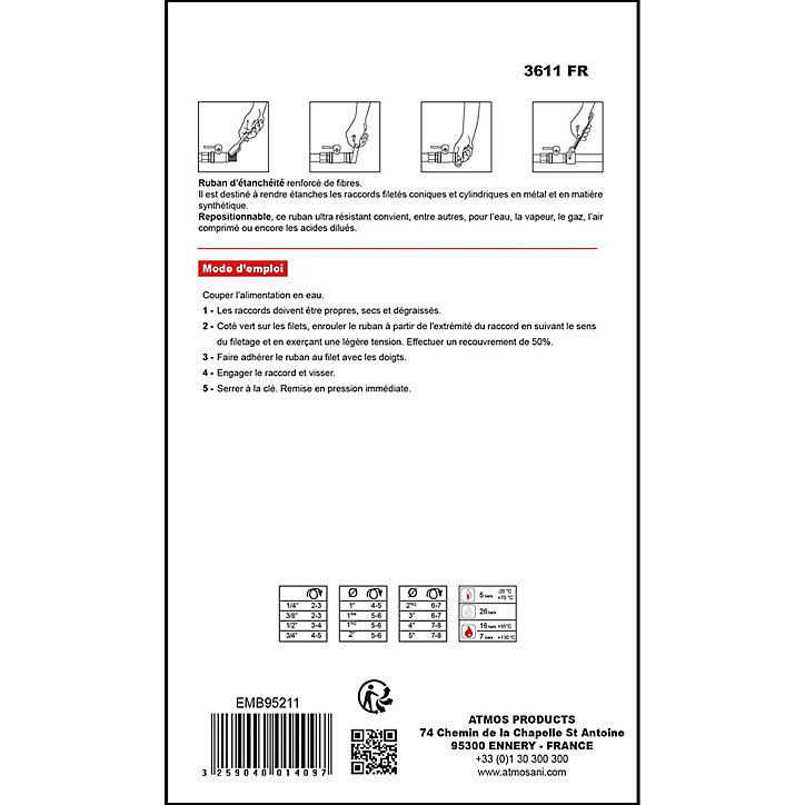 Ruban d'étanchéité des filetages Atmoseal 14 mm x 5 m