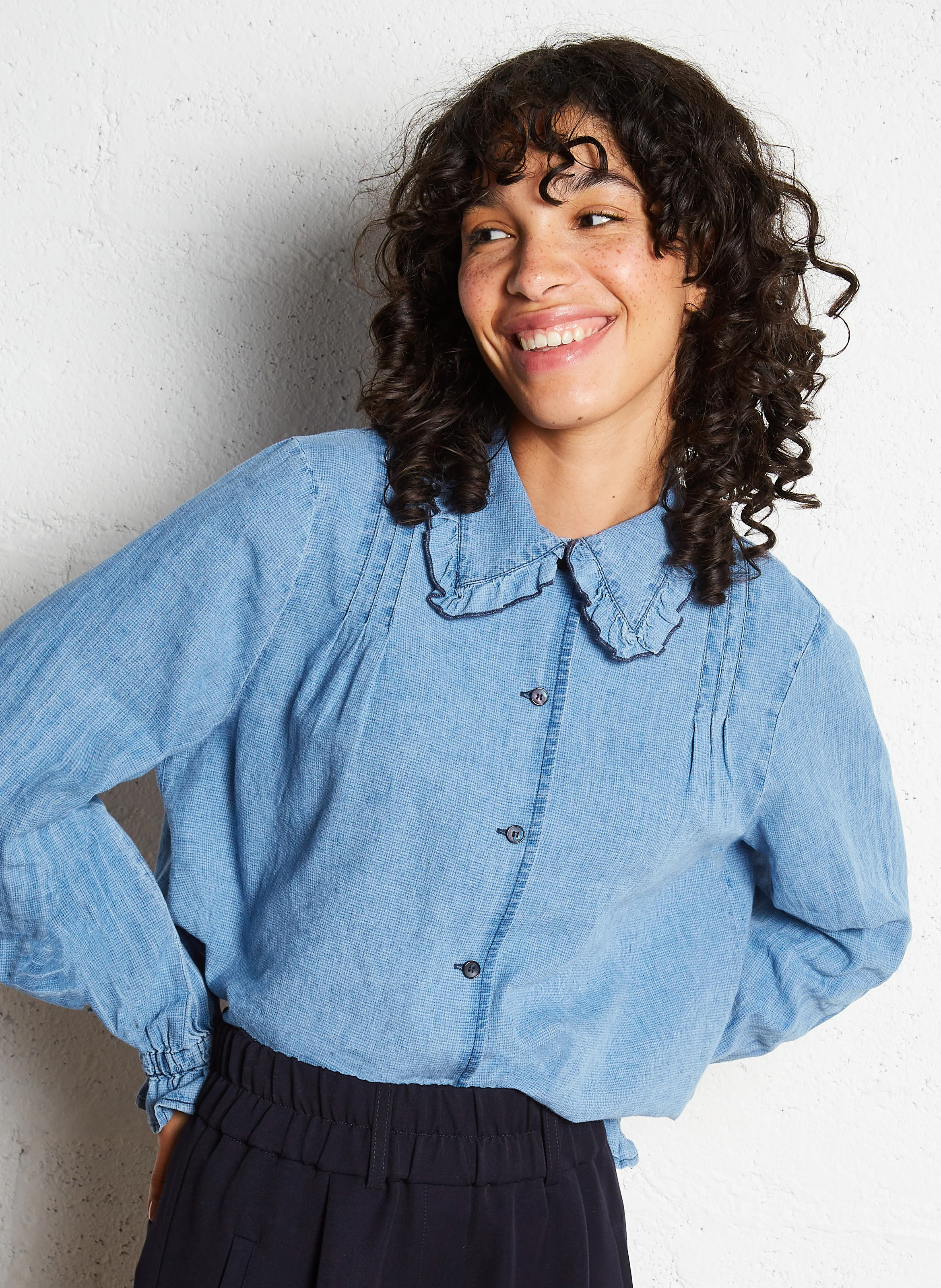FERNANDA - Chemise col classique ample en lin et coton mélangé | Bleu