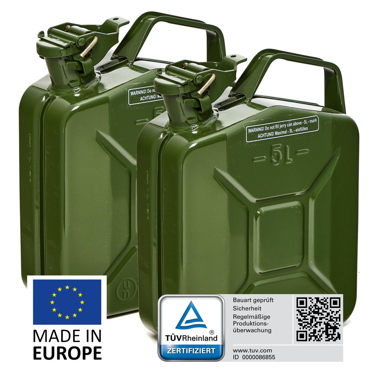 BW Metalen Brandstofbussen, Benzinebussen, 2 x 5 Liter - Olijfgroen - RAL 6003 - TÜV-getest en UN-goedgekeurd - Gemaakt in Europa