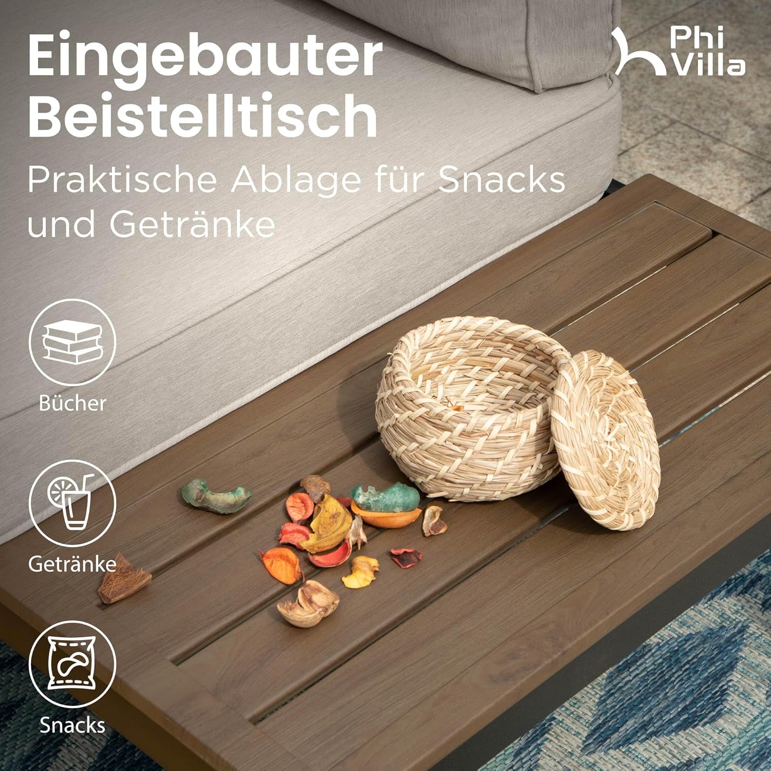 PHI VILLA Gartenmöbel Balkonmöbel Set 3 Teilig, Metall Lounge Möbel Outdoor Gartenlounge Set 4-Sitzer, Terrassenmöbel Modulare Möbel mit Verstärkten Kissen und Kaffeetisch, Beige