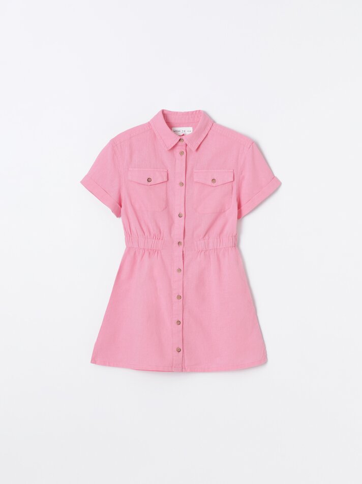 Vestido rústico de manga curta - Rosa Chiclete