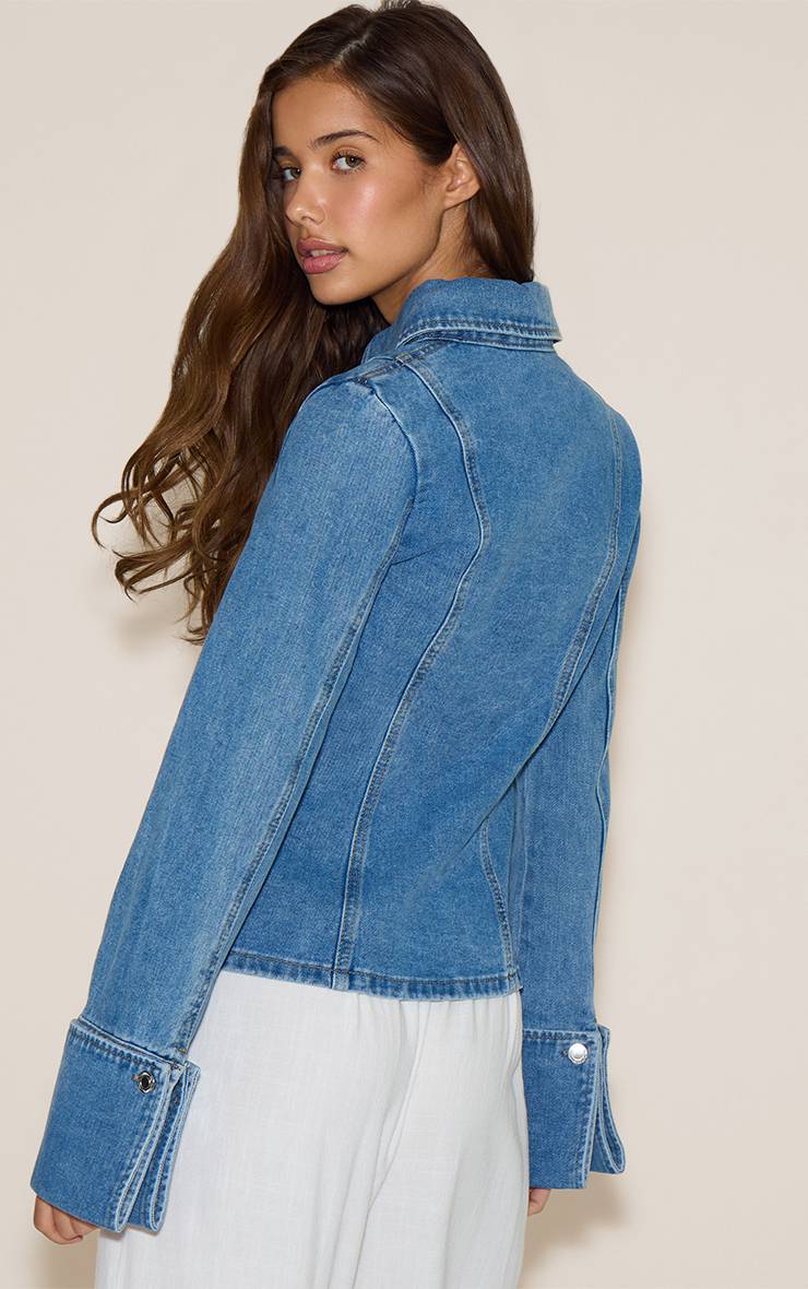 Mid Blue Wash Chemise En Jean À Manches Longues Avec Taille Froncée
