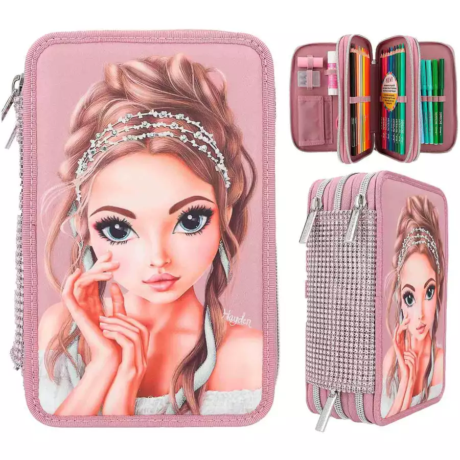 Depesche 3-Fach Federtasche GLITTER QUEEN inkl. Stifte TOPModel 20 x 13 x 7,5 cm pink