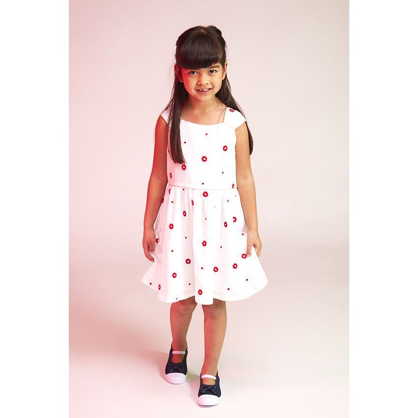 Robe manches courtes en tulle avec broderies fleurs pour fille - Ecru