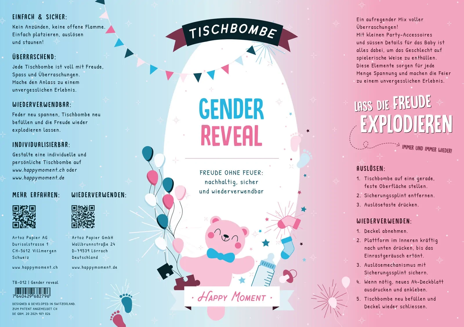 (29.7cm) Ø11cm Wiederverwendbare Tischbombe Deko Partybombe für Gender Reveal (TB-012) - Girl
