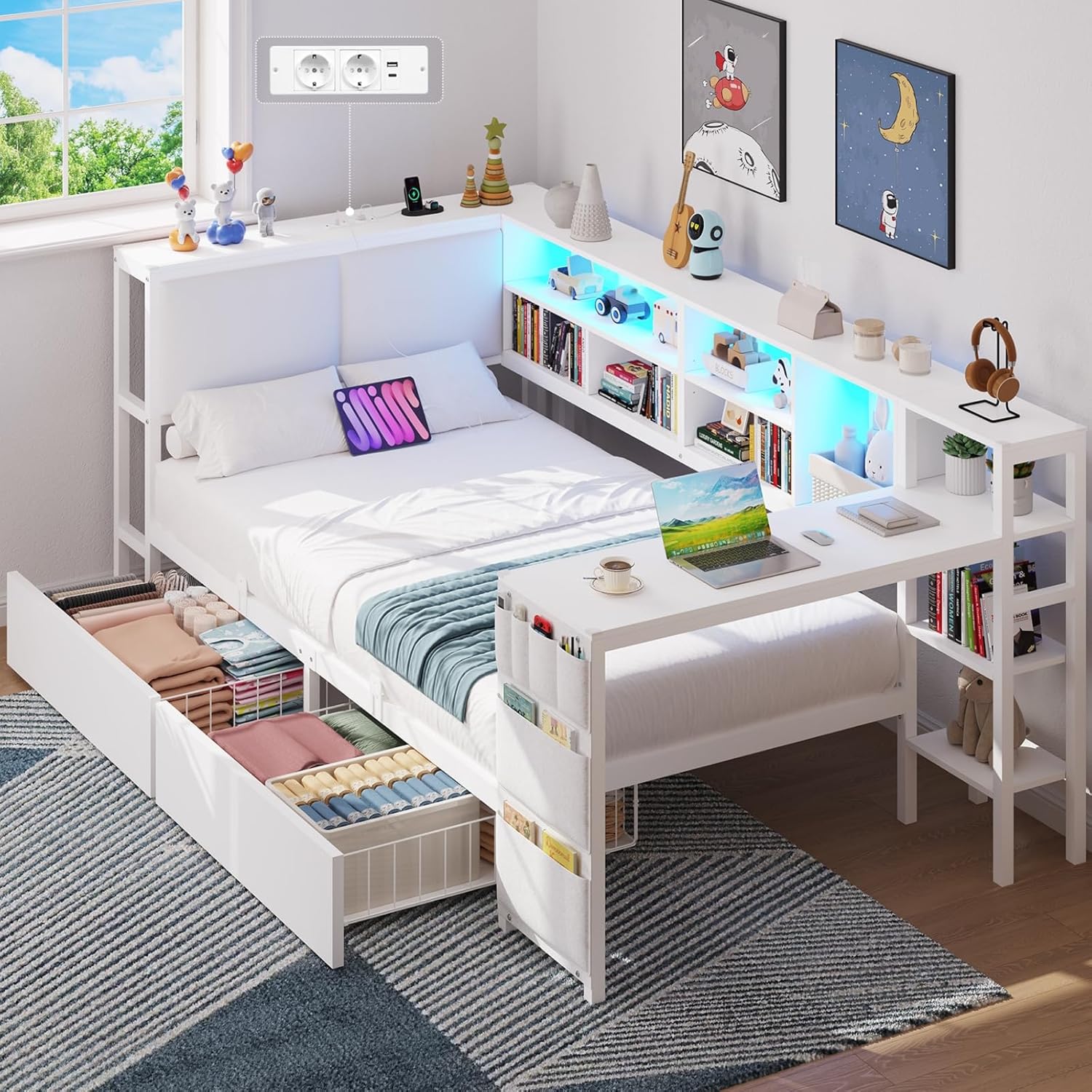Schlafsofa mit LED-Beleuchtung und Ladestation, Jugendbett 90x200 cm mit einem 35x112cm Tisch und Zwei großen Schubladen, Bett 90x200 Tagesbett mit polsterter Rückenlehne am Kopfteil, Weiß