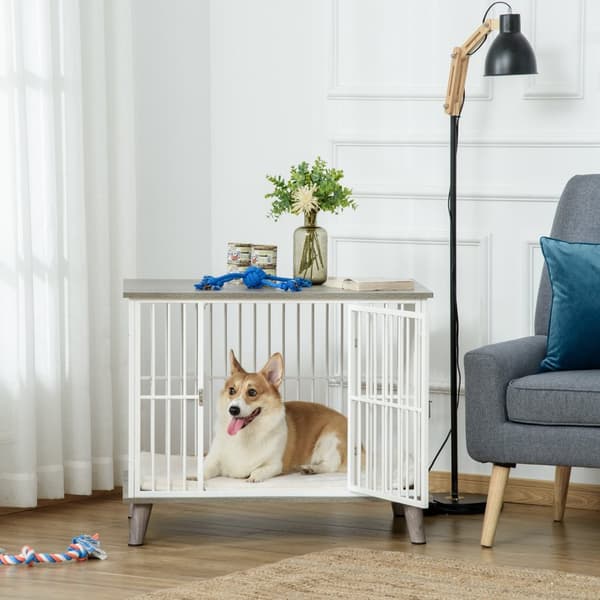 Hundebur Wood Look Bordplatepute Medium Dogs Hvit + Grå 86X60X70Cm