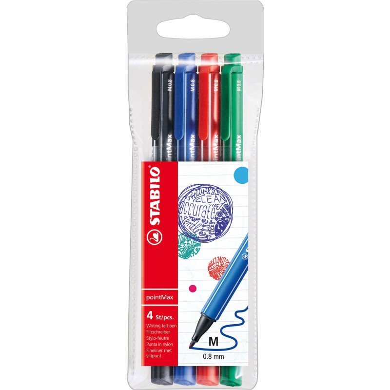 Stylo feutre Stabilo Pointmax écriture moyenne - Pochette de 4 couleurs classiques