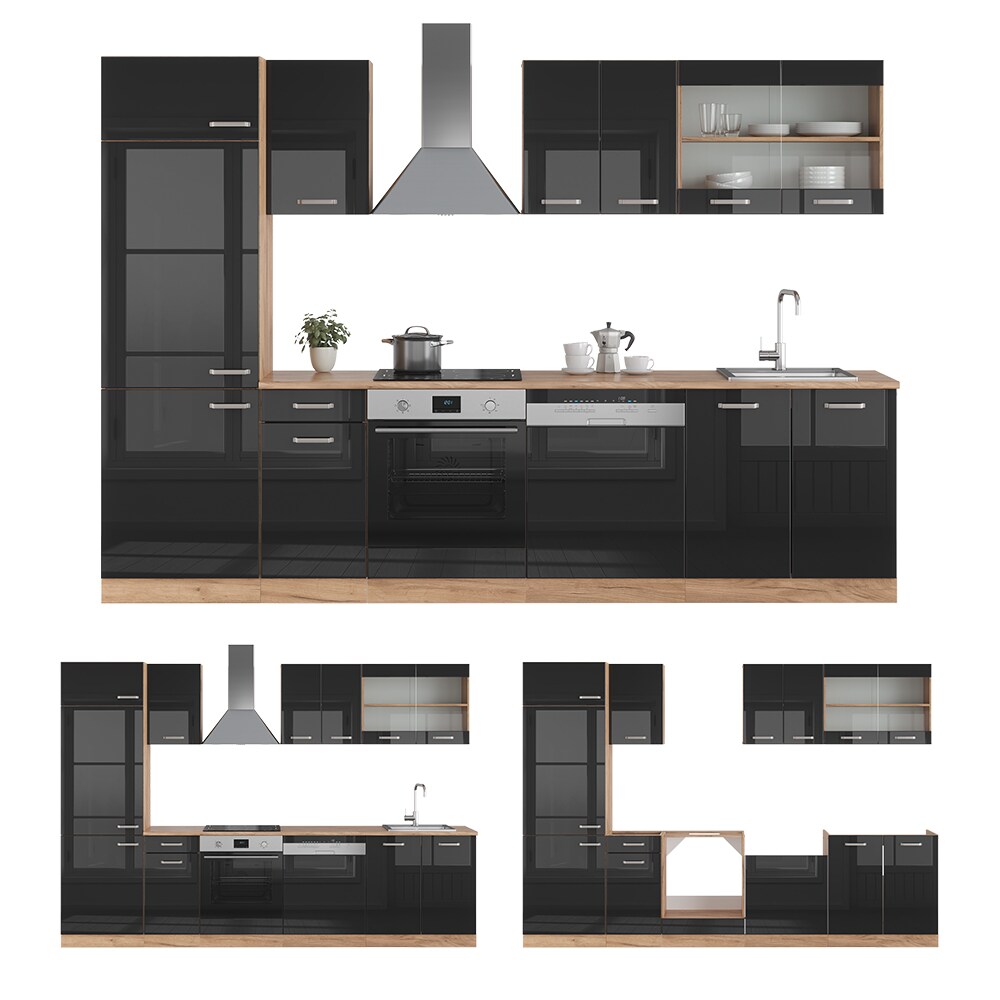Vicco Küchenzeile R-Line Solid Eiche Schwarz 300 cm modern Küchenschränke Küchenmöbel
