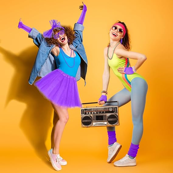 (19-tlg. Set) Fasnachts Erwachsenen Kostüm 80er Jahre Neon Verkleidung für Motto Partys inkl. Netzhandschuhe / Tüllrock / Stulpen / Brille - Lila