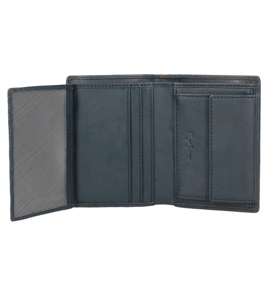 Carteira vertical Pepe Jeans Marshal em couro com porta-moedas azul marinho