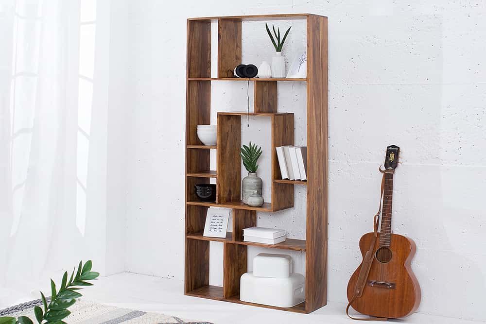 Massives Bücherregal CUBUS 180cm braun Sheesham stone finish einzigartige Maserung