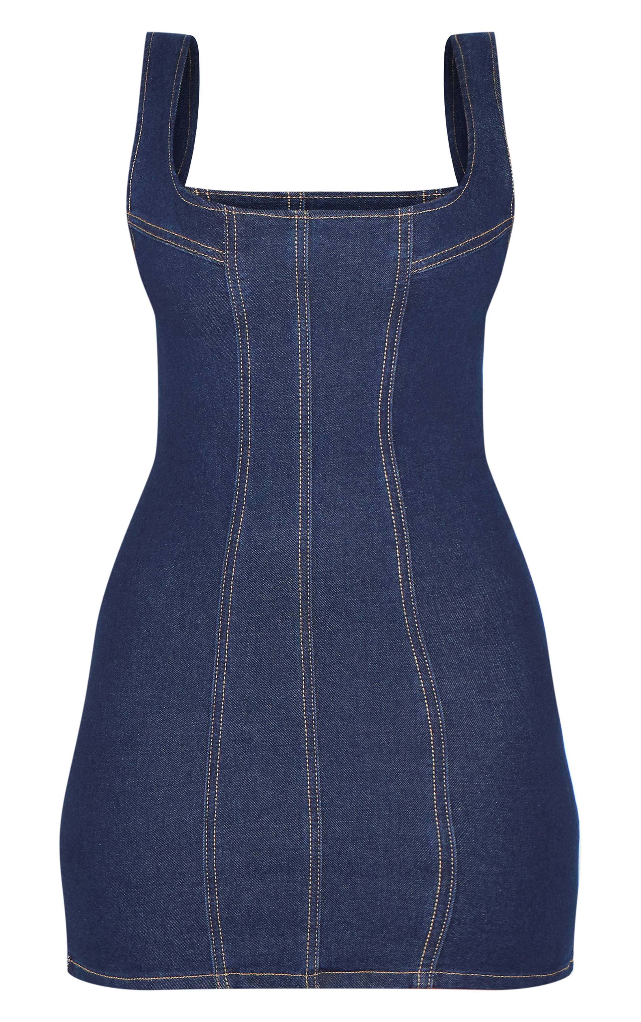 Bleu Indigo Robe Courte À Détails De Coutures