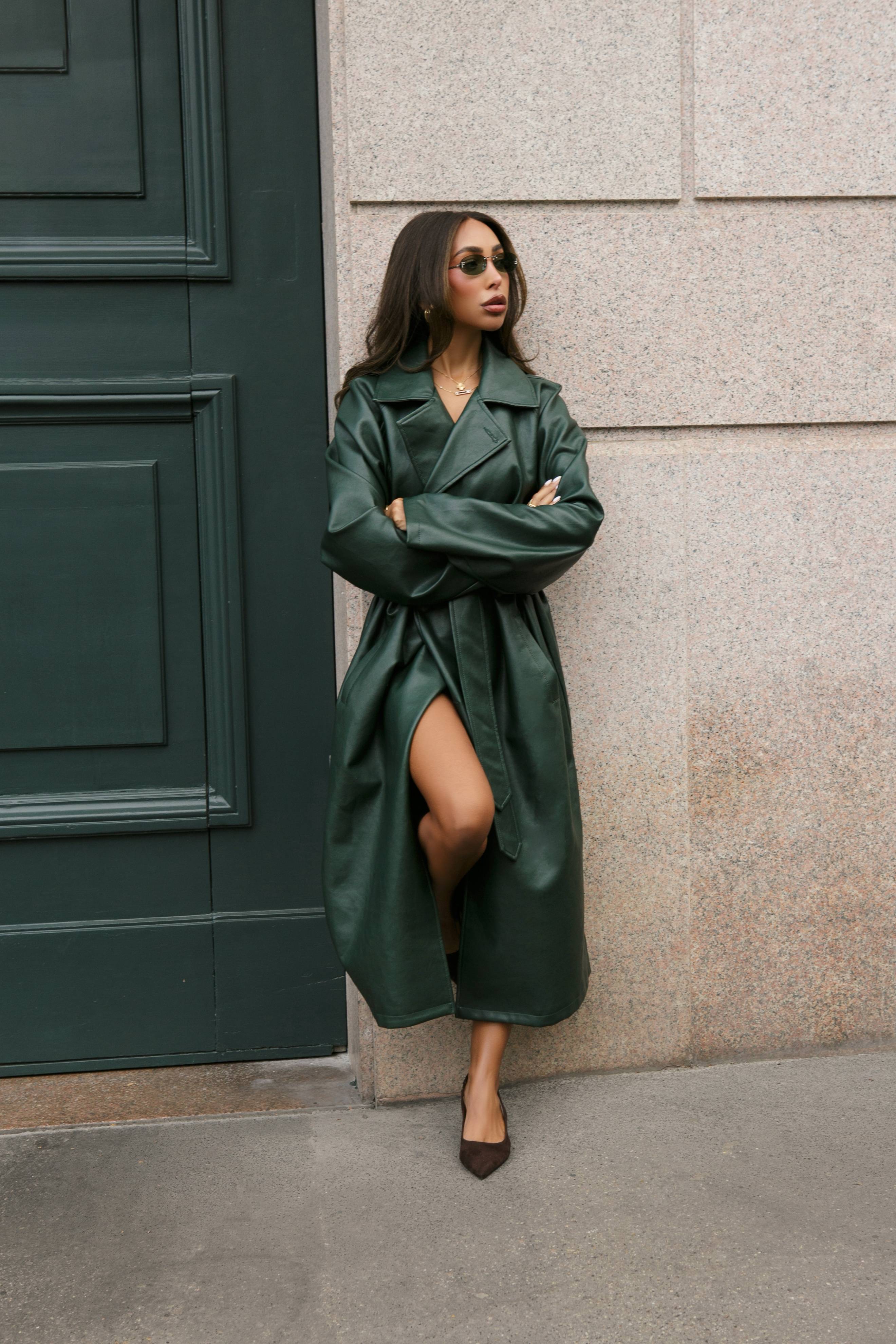 Vert Trench Coat Long En Synthétique