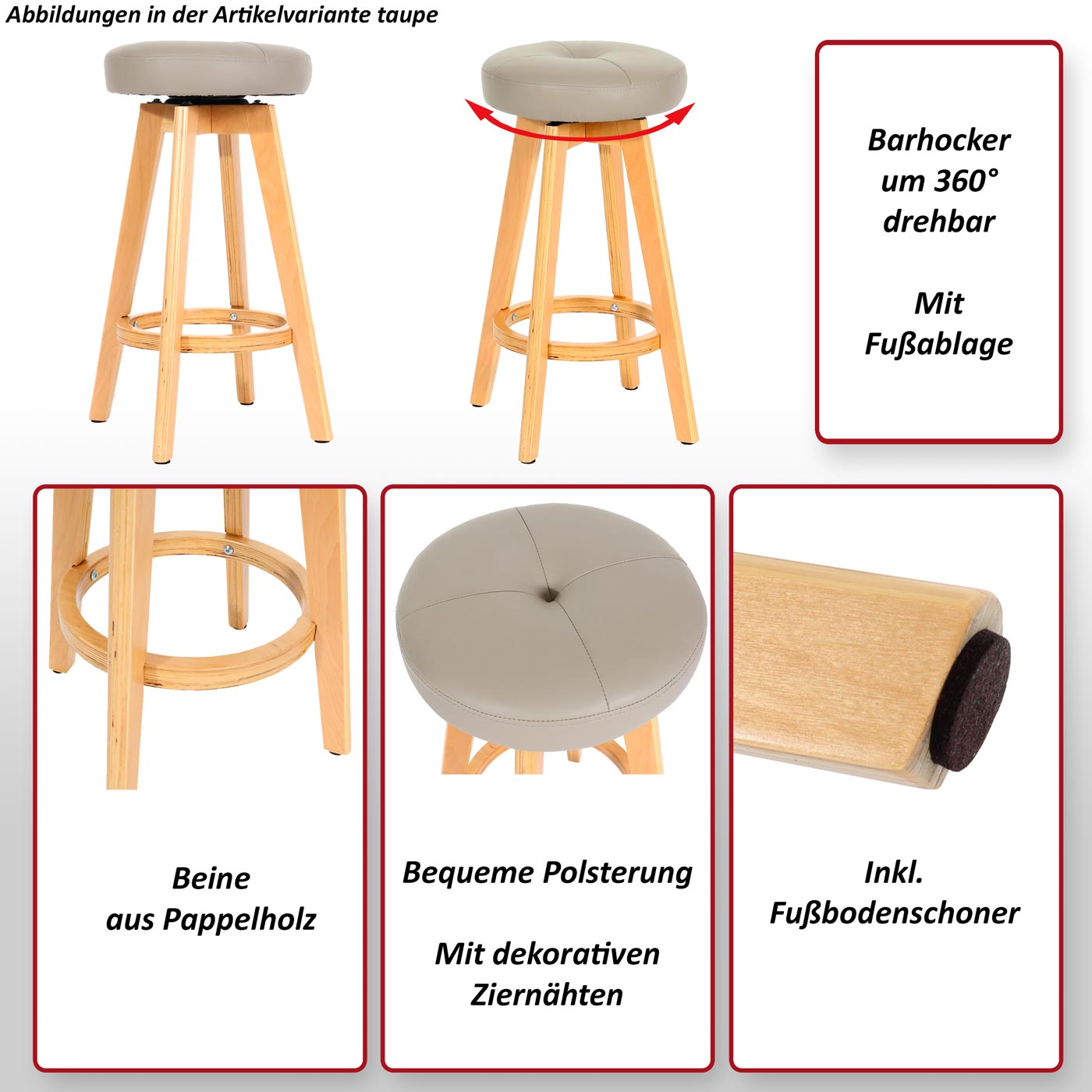2er-Set Barhocker Boras, Barstuhl Tresenhocker, Holz Kunstleder drehbar ~ taupe, helle Beine