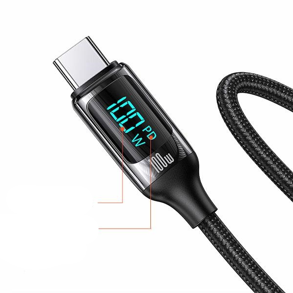 (1.2m) 100W USB C auf USB C Nylon Ladekabel Fast Charging PD Datenkabel mit Spannungs Anzeige (USA001036) - Schwarz