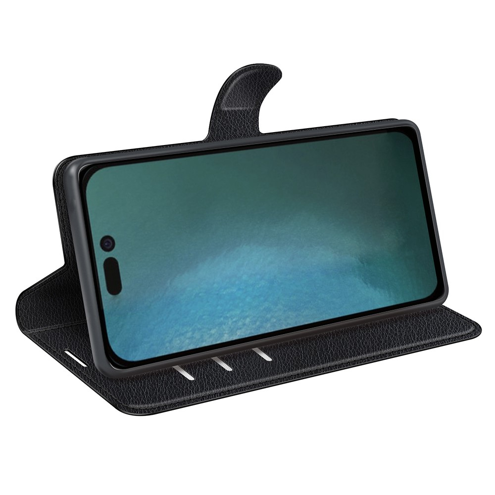 iPhone 14 Leder Tasche Flip Cover Litchi Look - Schwarz