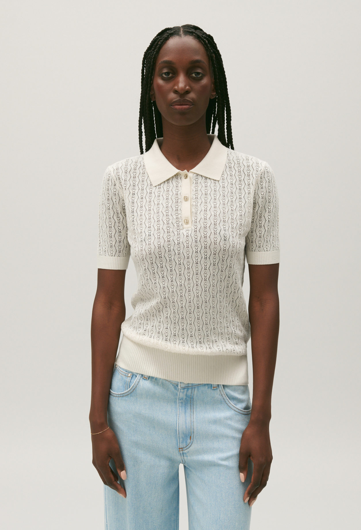 Pull polo maille fine ecru