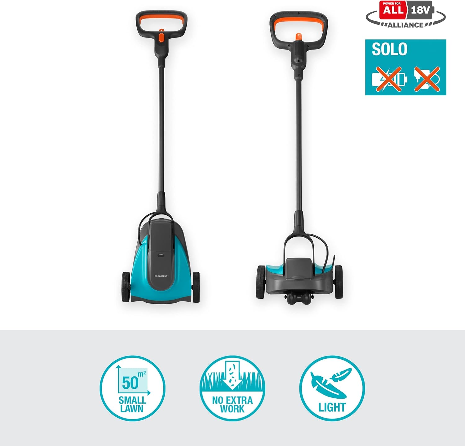 Gardena Akku-Rasenmäher HandyMower 22/18V P4A ohne Akku: Handrasenmäher, für Rasenflächen bis zu 50 m², Schnitthöhenverstellbar, Mulchfunktion (14620-55)