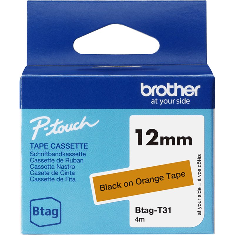 Brother BTAG-T31 – Ruban adhésif noir sur orange, 12 mm de large, non laminé