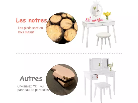 Coiffeuse avec Tabouret ,Table de Maquillage pour Enfants, Style Princesse Européenne avec Tiroir et Miroir