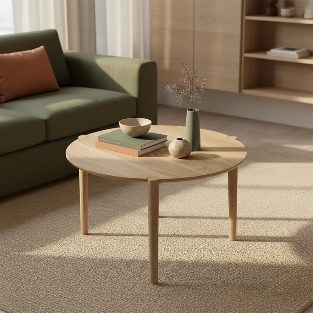 skølm Åsarna Couchtisch rund Ø 70 cm – Wohnzimmertisch aus Eiche Massivholz – Sofatisch Holz mit 3 Beinen – Kleiner Beistelltisch – Holztisch Wohnzimmer – Round Coffee Table – Moderner Kaffeetisch