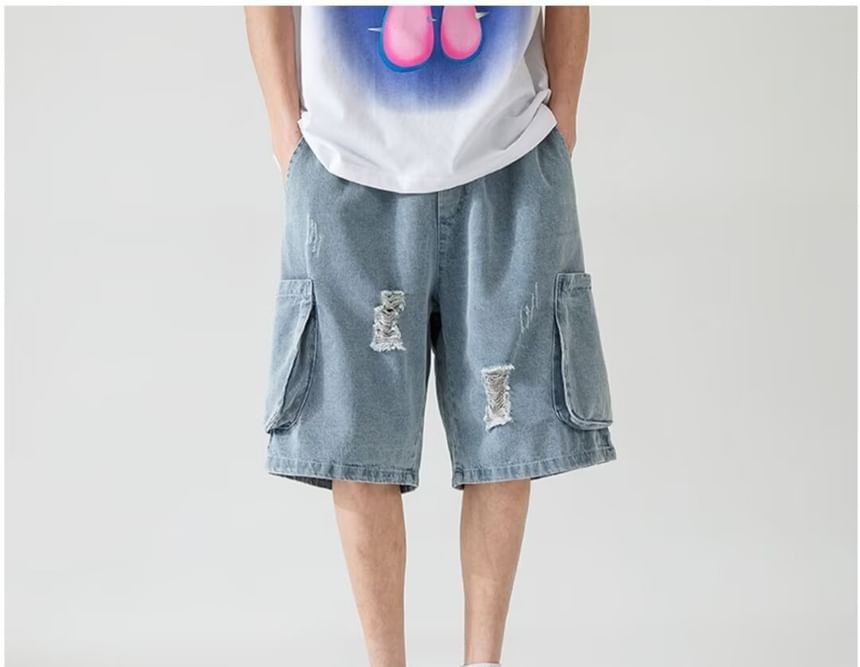 Capbrew - Mid Rise Washed Distressed Cargo Denim Shorts