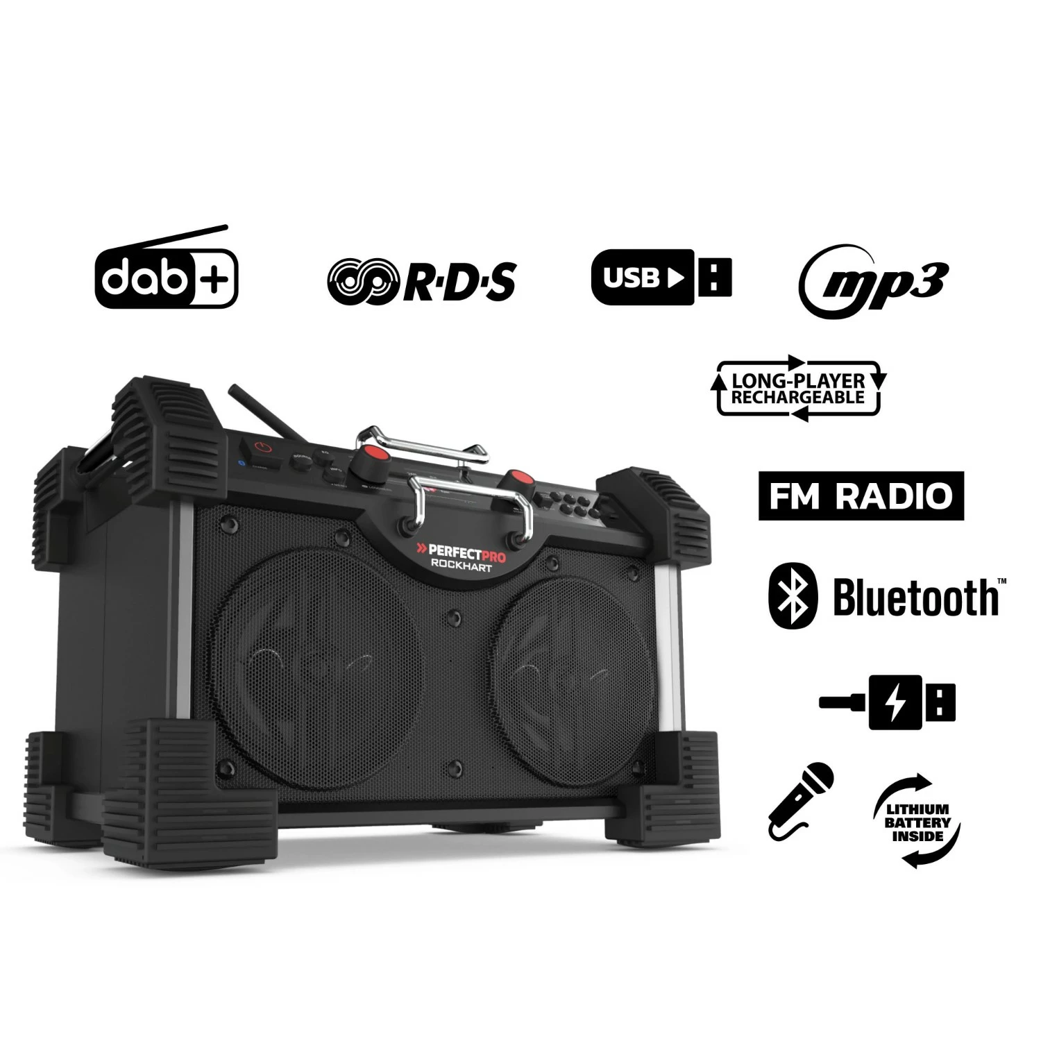 PerfectPro ROCKHART RH4 Bouwradio - FM RDS - DAB  - Bluetooth - AUX In - Oplaadbaar (ingebouwde Lithium accu)