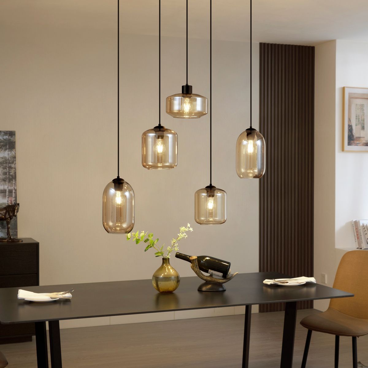 Moderne hanglamp zwart met amber glas 5-lichts - Sheena