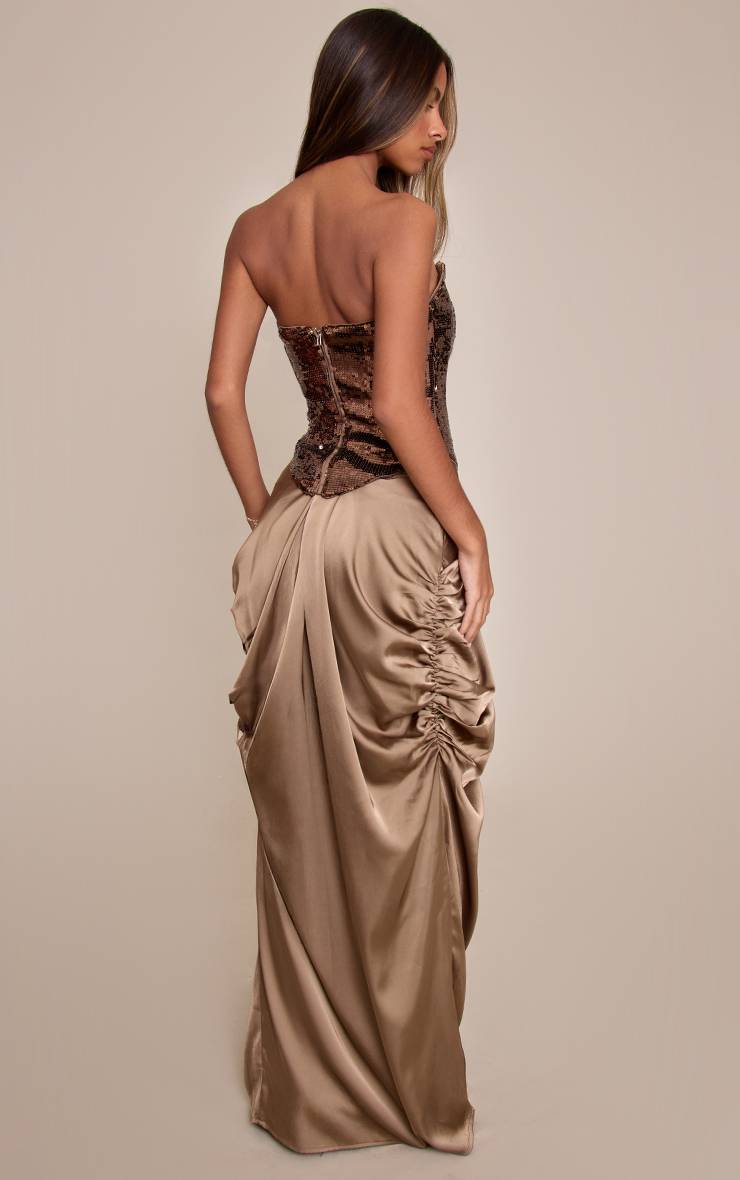 Taupe Jupe Longue Drapée Taille Basse En Satin Petite