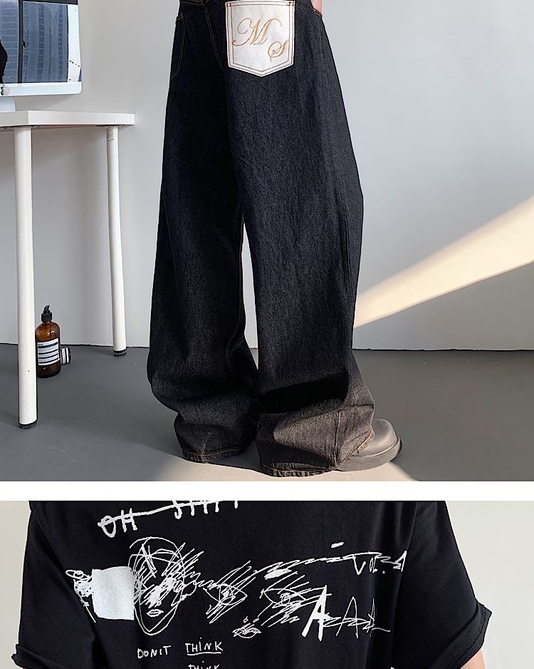 Omozando - Mid Rise Lettering Geborduurde Wijde Jeans
