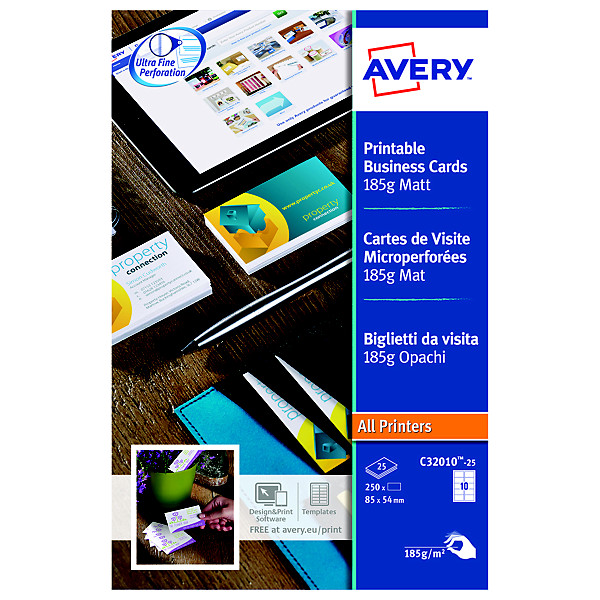 250 cartes de visites microperforées coloris blanc C32010 Avery, la boîte