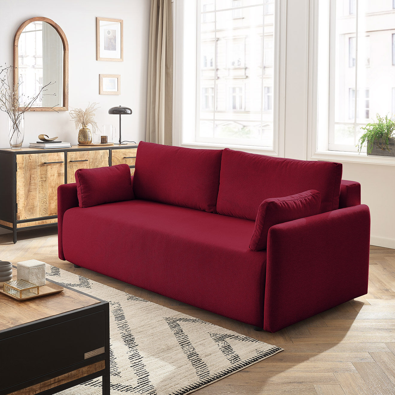 Bobochic Canapé droit convertible coffre marcel tissu lisse rouge - 211x100x86 cm