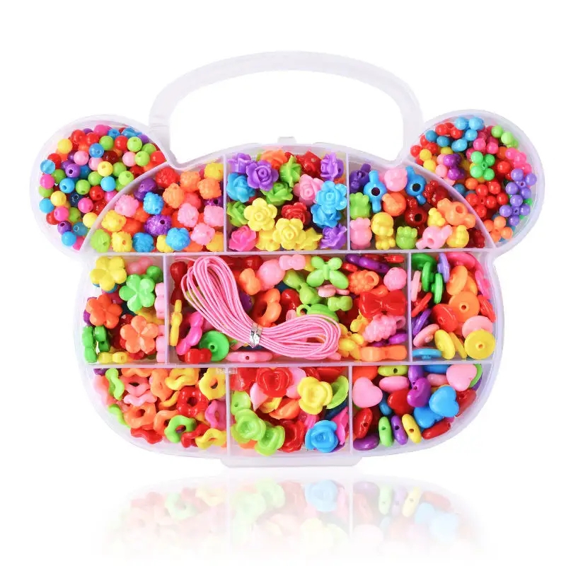 (300-tlg. Set) Kinder Perlen DIY Bastel Schmuck mit Nylon Faden für Armband / Kette - Blumen / Schleifen