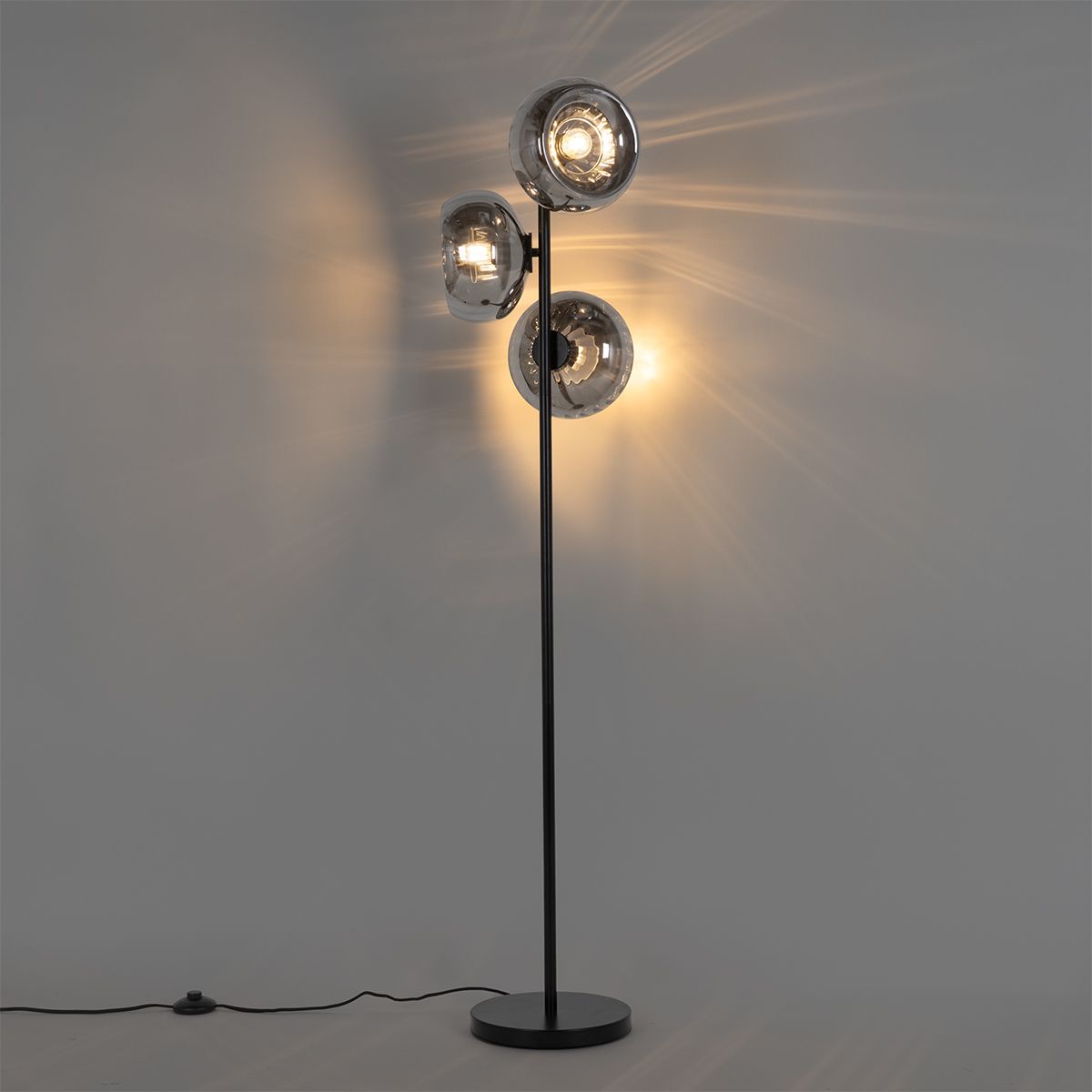 Art Deco vloerlamp zwart met smoke glas 3-lichts - Ayesha