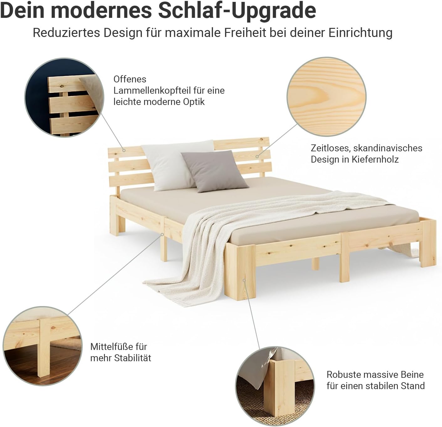 Homestyle4u Holzbett 160x200 cm Natur Doppelbett mit Lattenrost Massiv aus Kiefer Bett Naturholzbett, Robust und Modern | Artikel 1838