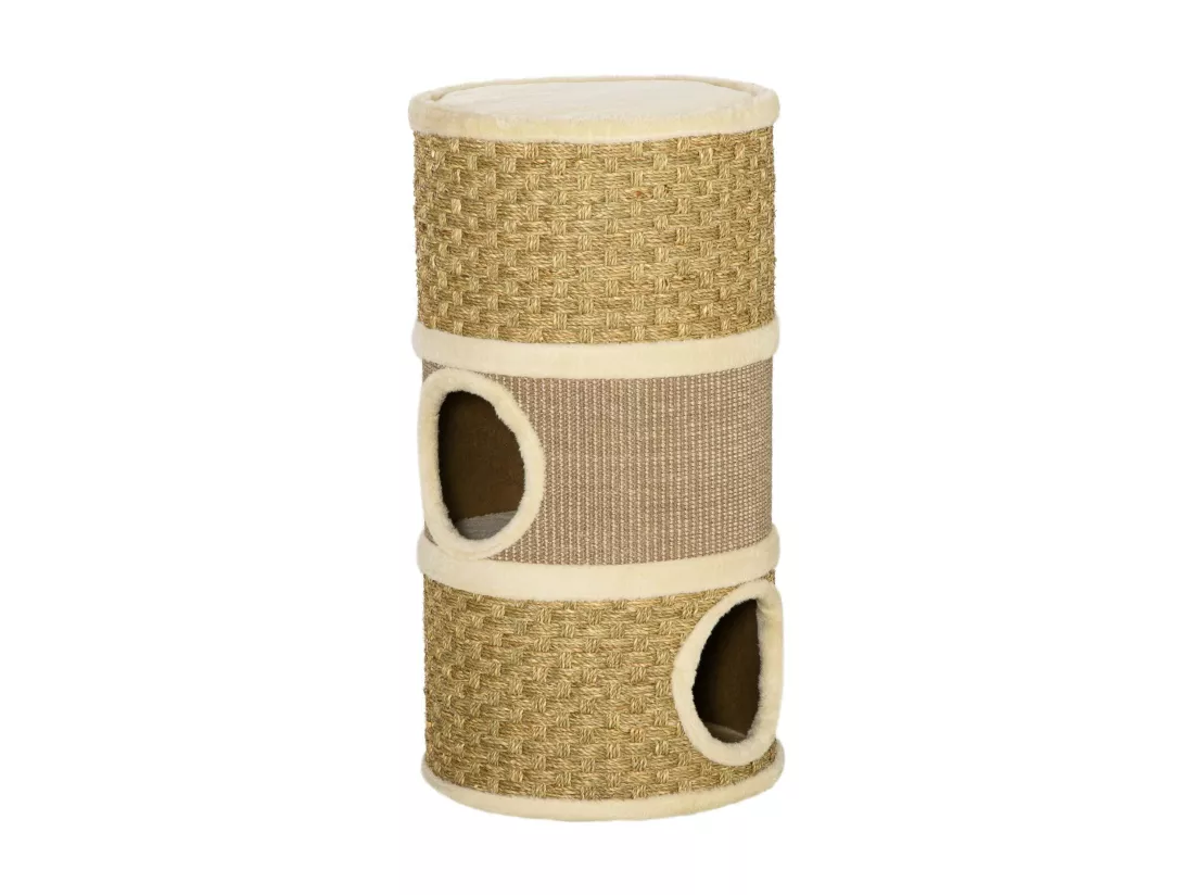 Arbre à chat cylindrique - tour à griffer pour chat - arbre à chat tour - Tonneau griffoir - 3 niches + plateforme - sisal corde d'algues beige