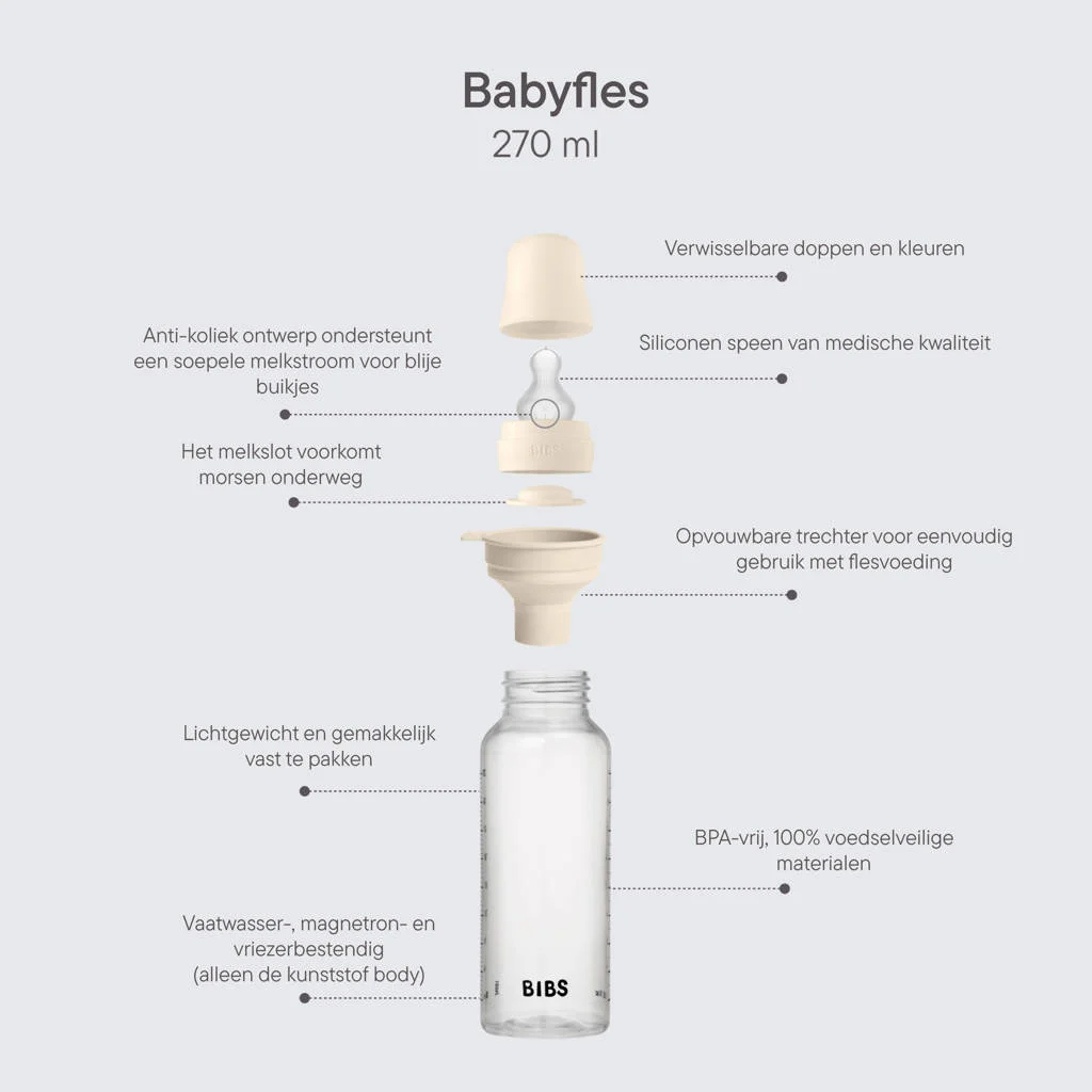 BIBS Babyfles 270 ml - Ivory - met siliconen speen en opvouwbare trechtertje