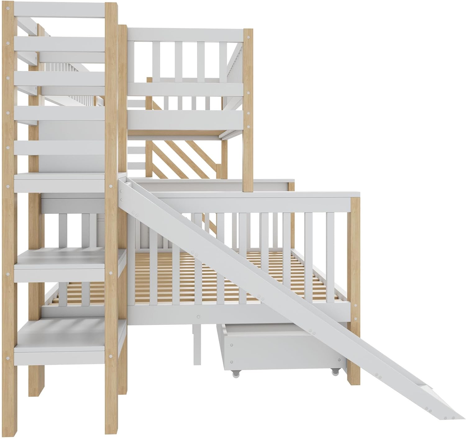 Kinderbett Etagenbett mit Stauraum Treppe& 2 Schublade&Rutsche&Tafel, Hausbett Hochbett mit Lattenrost & Rausfallschutz, Holzbett für Kinder, ohne Matratze