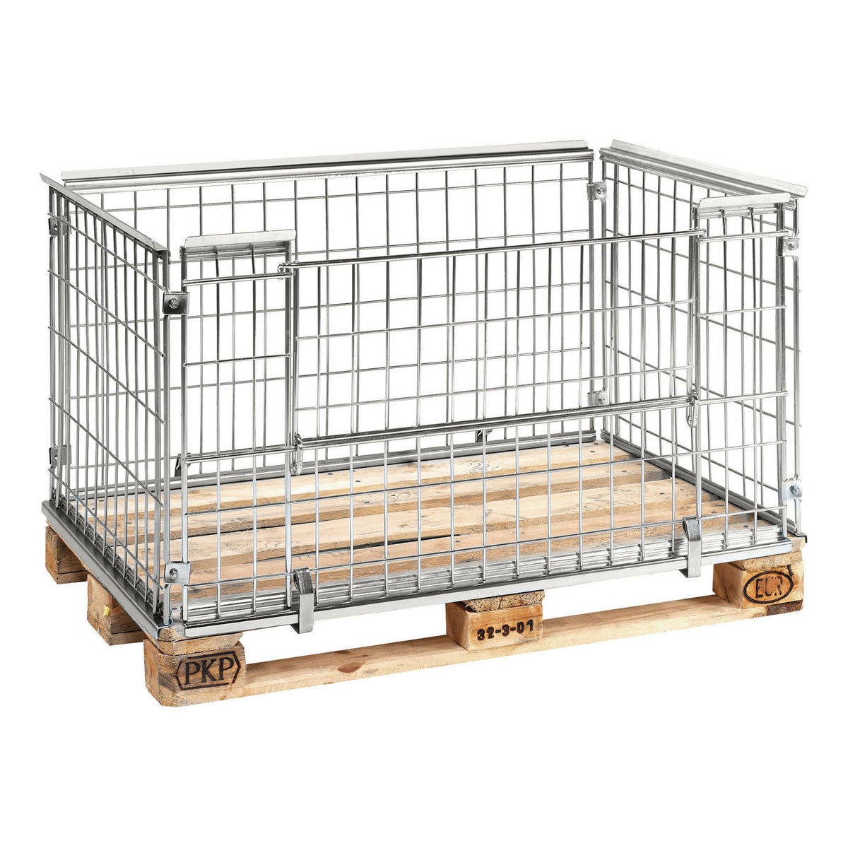 Kongamek gegalvaniseerde palletcontainer, 640mm hoog, halfopen aan de voorzijde, geschikt voor Europallets 1200x800mm