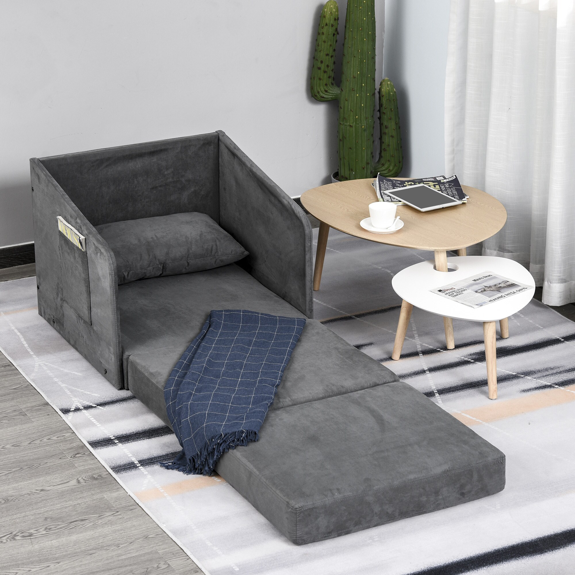HOMCOM Klappbarer Schlafsessel mit 2 Seitentaschen grau 70 x 74 x 78 cm (BxTxH)