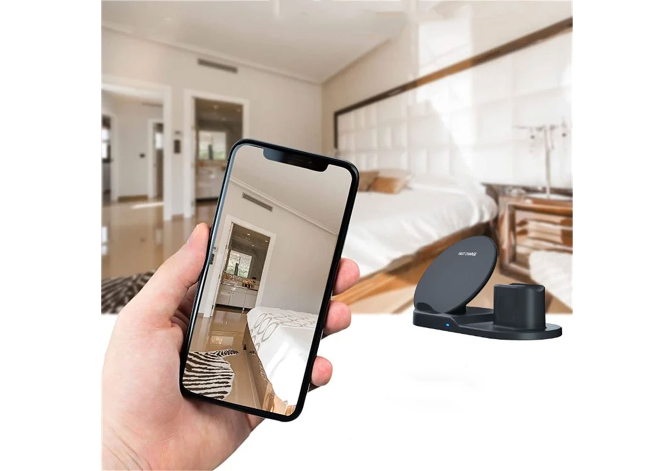 (10W) Smarte 3-in-1 iPhone / Apple Watch und AirPods Ladestation mit unsichtbarer 1080p Überwachungskamera   Micro SD Kartenslot - Schwarz