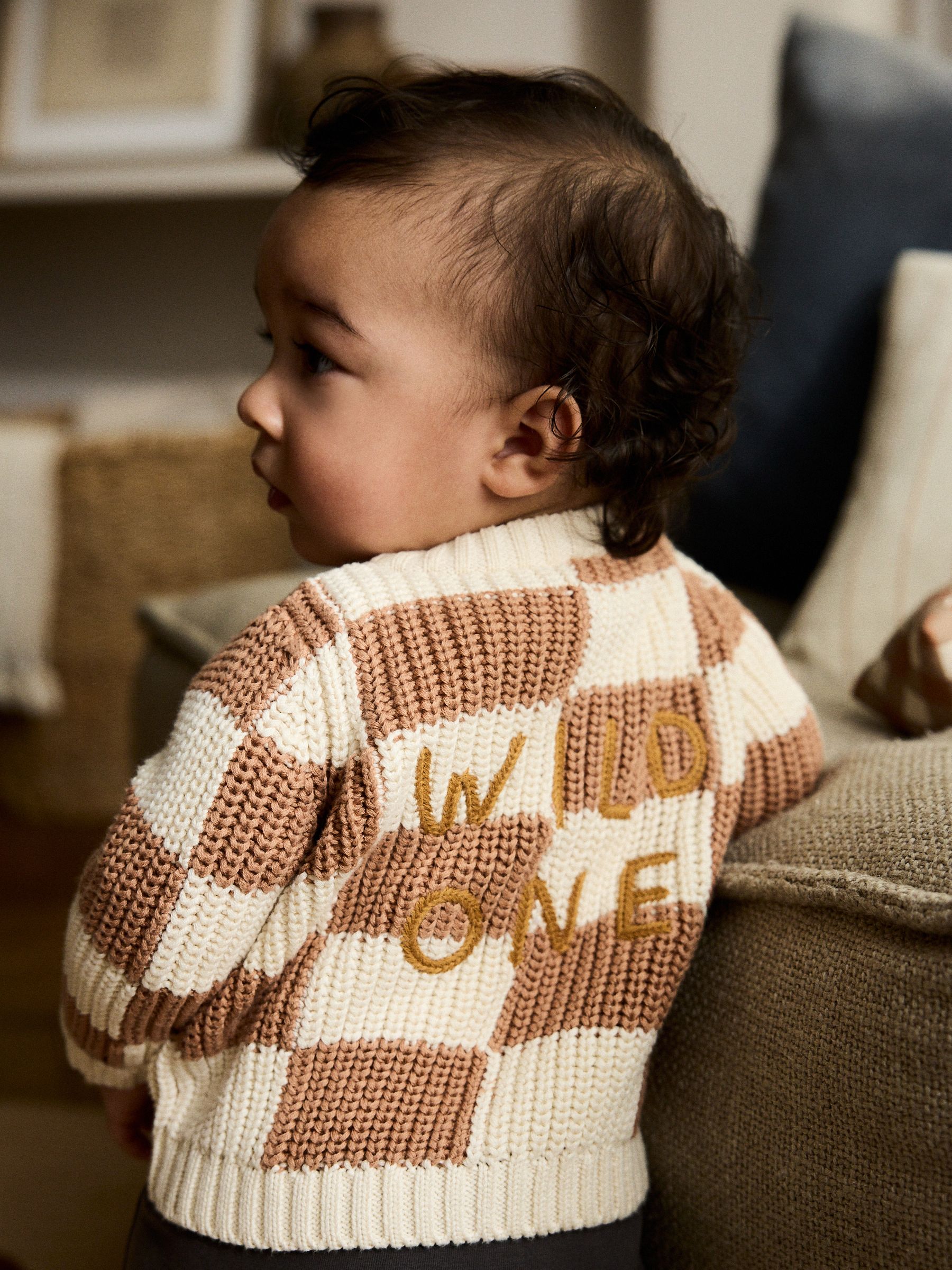 Natuurlijk dambordmotief - Gebreid babyvest (0 mnd- 2 jr)
