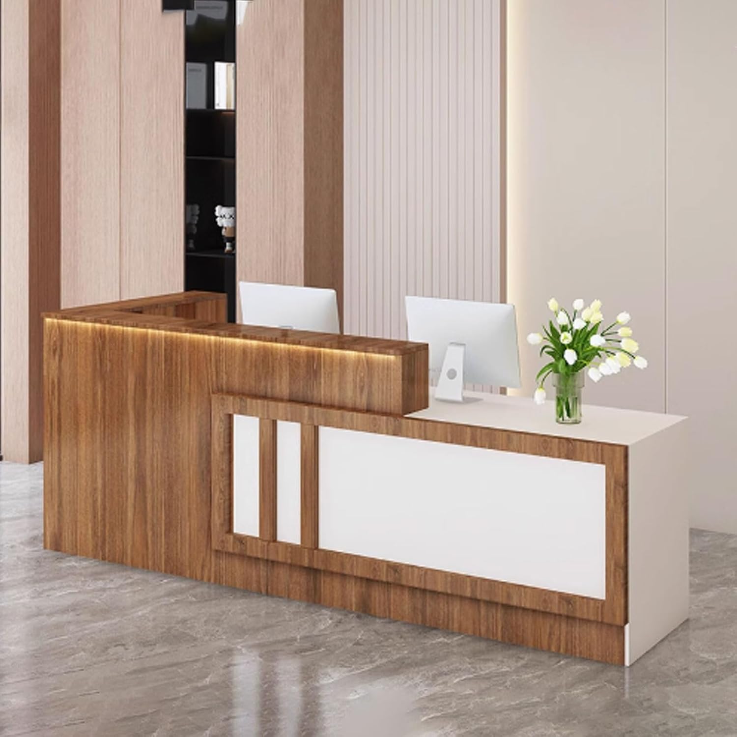 Moderner LED-Empfangstisch, stilvoller brauner und weißer Büro-Tresentisch für Lobby & Schönheitssalons, großer stehender Business-Empfangstheke mit Lichtstreifen